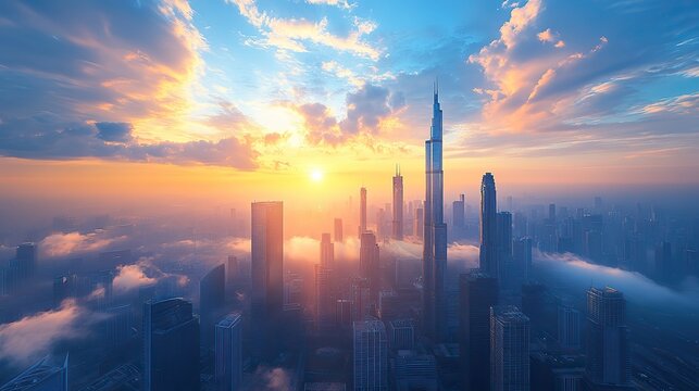 A panoramic cityscape captures a thriving financial district, with towering skyscrapers reaching towards the sky, showcasing modern urban architecture and economic power