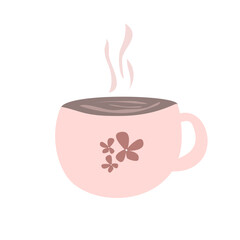 Cup of coffee. Flat design drinking glass with single flower pattern in light and dark brown. Perfect for coffee shop menus, kitchen blogs, and beverage packaging. Clean vector on white background.