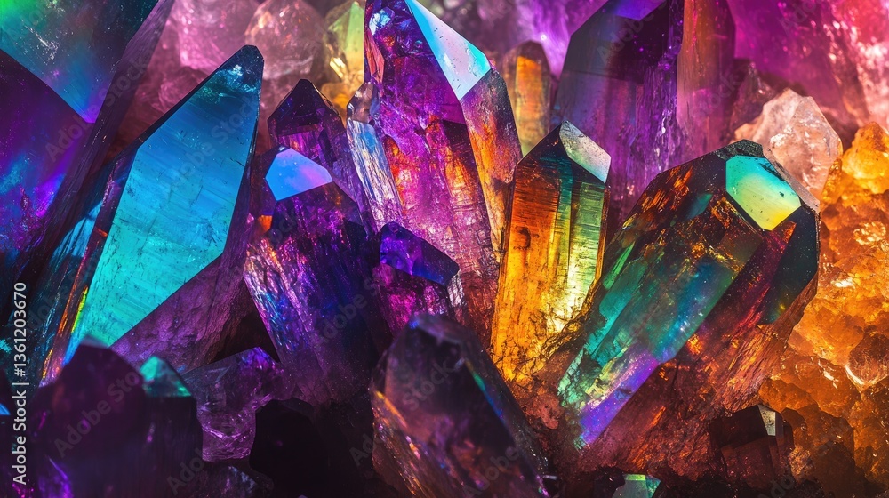Poster A collection of rainbow-colored, iridescent crystal shards reflecting light, creating a dazzling and colorful display