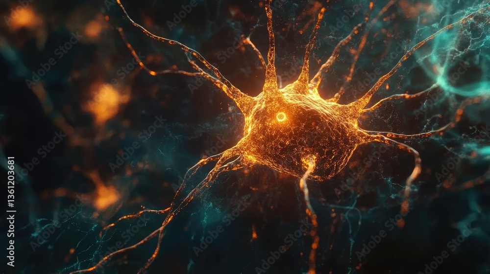 Aufkleber A close-up view of a glowing neuron cell within a complex neural network, showcasing the intricate connections and flow of information in a digital brain model