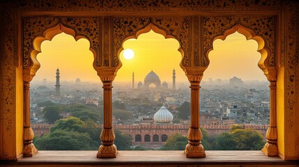 Golden Hour in Old Delhi: A Majestic View from a Historic Archway