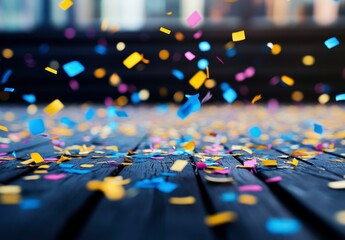 Colorful Confetti Falling on Dark Wooden Surface