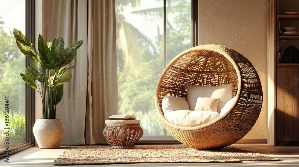 Poster a cozy, sunlit room featuring a relaxing wicker egg chair, creating a peaceful and inviting atmosphe