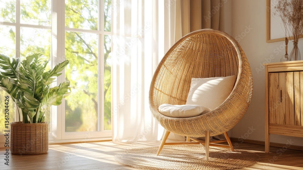 Poster a cozy, sunlit room featuring a relaxing wicker egg chair, creating a peaceful and inviting atmosphe