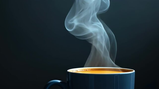Steaming Delight: A close-up shot of a steaming cup of coffee with a captivating, soft-focused steam trails gracefully rising from the warm beverage against a dark background.