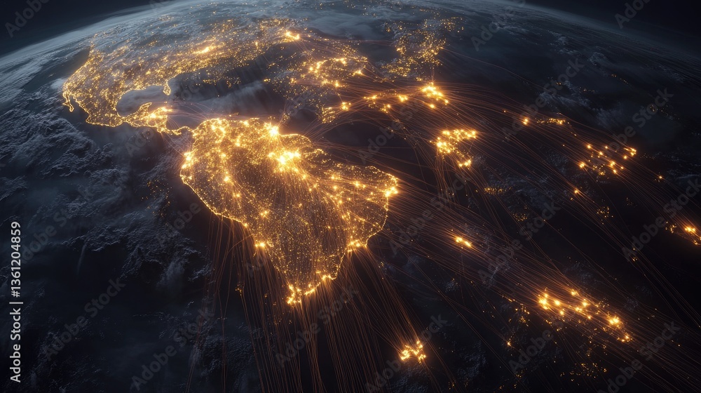 Poster a digital representation of the world connected by fiber optic cables, with glowing lines of data tr