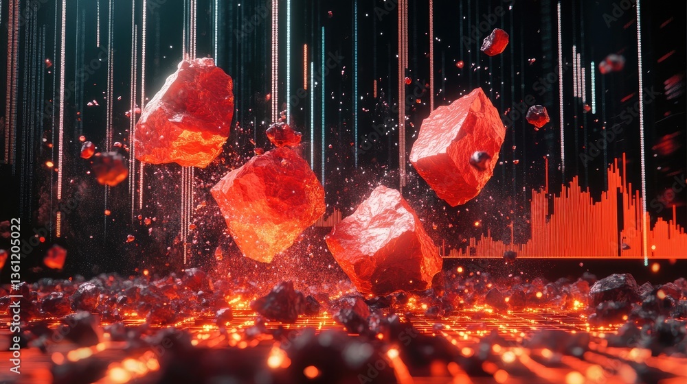 Poster a dynamic scene of red rocks impacting digital stock charts, representing sudden drops in the market