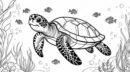 Fototapeta premium Smiling Sea Turtle Swimming with Fish A detailed yet simple black-and-white coloring page featuring a cute sea turtle swimming gracefully underwater. Surrounding it are small tropical fish, floating s