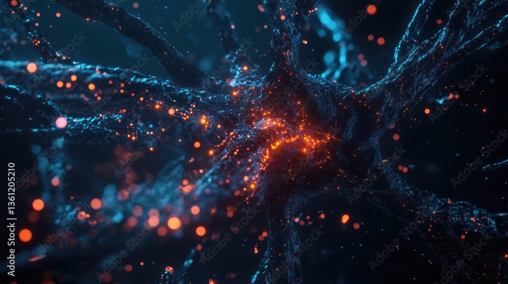 Poster A glowing neuron cell within a complex neural network, illustrating the dynamic connections of brain cells and digital systems, creating a cutting-edge, high-tech visual