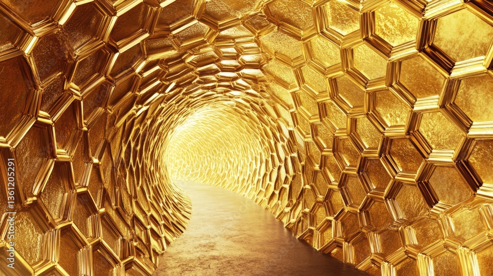 Poster a golden honeycomb tunnel with a rich, textured pattern, evoking a sense of elegance and warmth thro