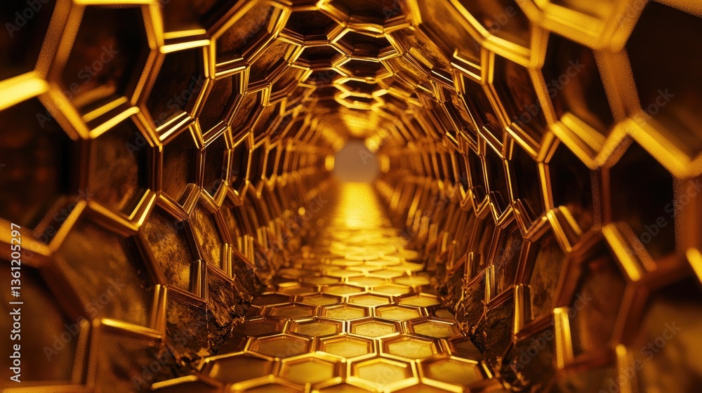 Poster a golden honeycomb tunnel with a rich, textured pattern, evoking a sense of elegance and warmth thro