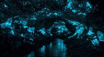 Obraz premium Underground River Cave with Glowing Crystals Magical Grotto Mystical Scenery