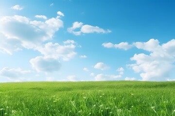 Obraz premium Serene Green Grass Field with Picturesque Blue Sky and Fluffy White Clouds Scenic Landscape
