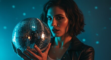 Naklejka premium A woman holding a disco ball in a colorful illuminated studio
