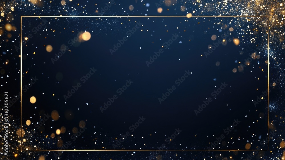Poster a luxurious dark blue frame with sparkling glitter and golden confetti, creating an elegant and soph