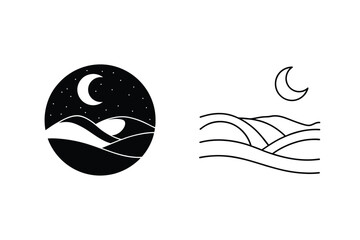 Night Sky, Moon, Mountains, Waves, Minimalist, Line Art, Logo Design, Abstract, Circular, Graphic