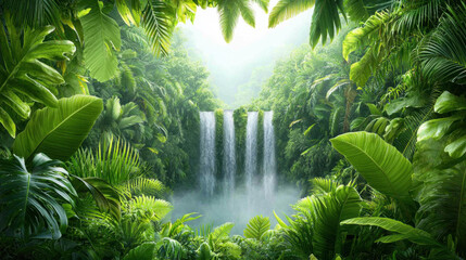 Environmental crisis Lush tropical rainforest with cascading waterfalls surrounded by vibrant greenery