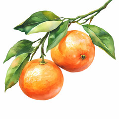 Watercolor Painting of Two Oranges on a Branch