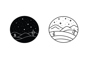 Desert Night Sky Landscape Line Art Minimalist Design Icons