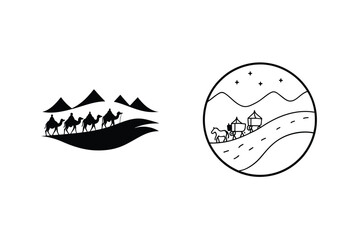Desert Caravan, Camel Silhouette, Oasis, Mountain Landscape, Travel Icons