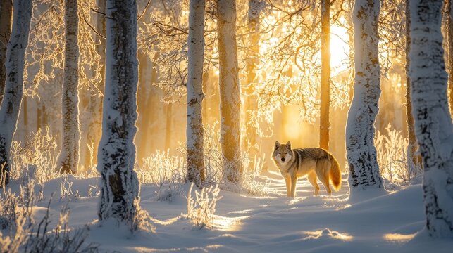 Fototapeta Majestic wolf in a winter wonderland forest bathed in golden sunlight. Snow-covered trees, pristine snow, and the tranquil forest scene.