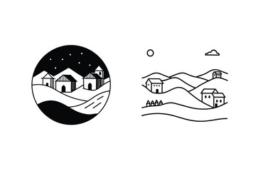 Minimalist Black and White Village Landscapes, Night and Day Scenes