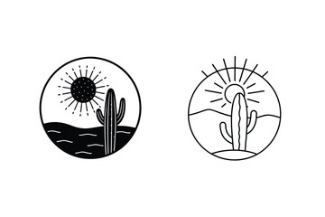 Desert Cactus Sun Line Art Minimalist Logo Designs