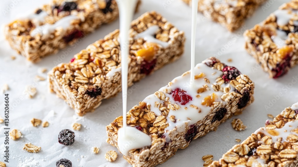Aufkleber a selection of granola bars with milk being drizzled over them, captured on a white background for a