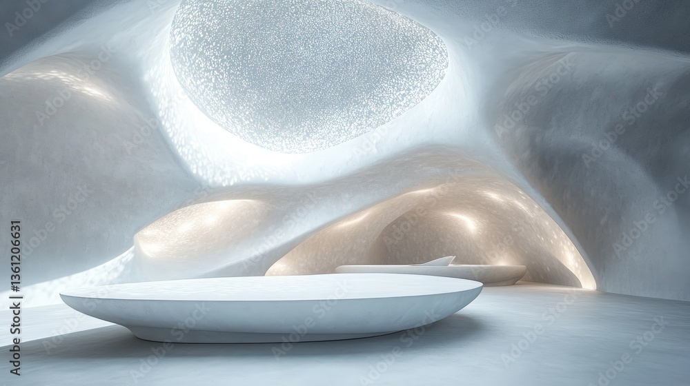 Poster a simple white podium beneath a stunning futuristic skylight, glowing with soft light, perfect for s