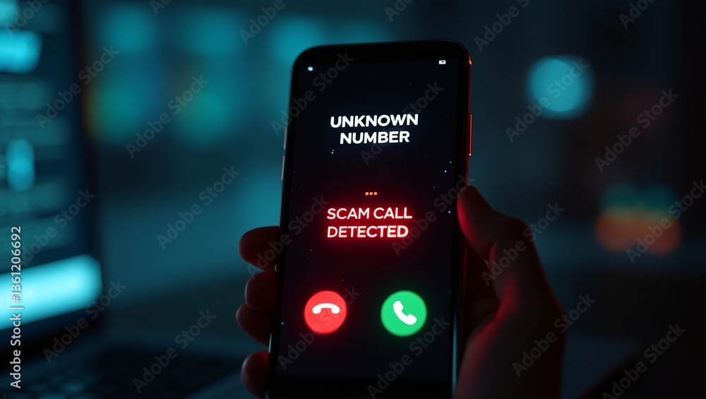 Poster a hand holding a smartphone displaying a scam call notification from an unknown number in a low-ligh