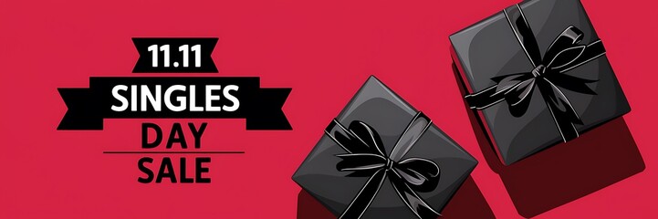 Obraz premium A vibrant red background with a prominent black banner displaying '11.11 SINGLES DAY SALE', complemented by two black gift boxes with shiny ribbons, perfect for promotional visuals or sales campaigns.