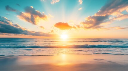 Sunrise over beach, golden hour, tranquil ocean. Peaceful scene. Suitable for nature or travel