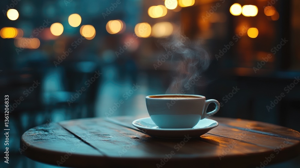 Poster a steaming cup of coffee on a rustic cafe table, surrounded by soft city street lights in the backgr