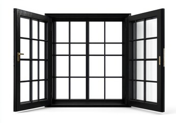 Open Black Wooden Window with Multiple Panes on White Background