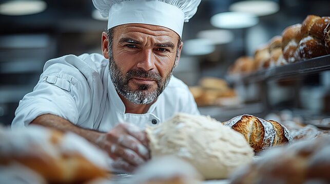 A professional chef in a white uniform kneading dough for fresh bread in a commercial kitchen, demonstrating expert baking techniques