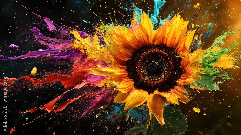 Poster a sunflower exploding with vibrant colors, splattering paint outdoors, creating an exciting fusion o