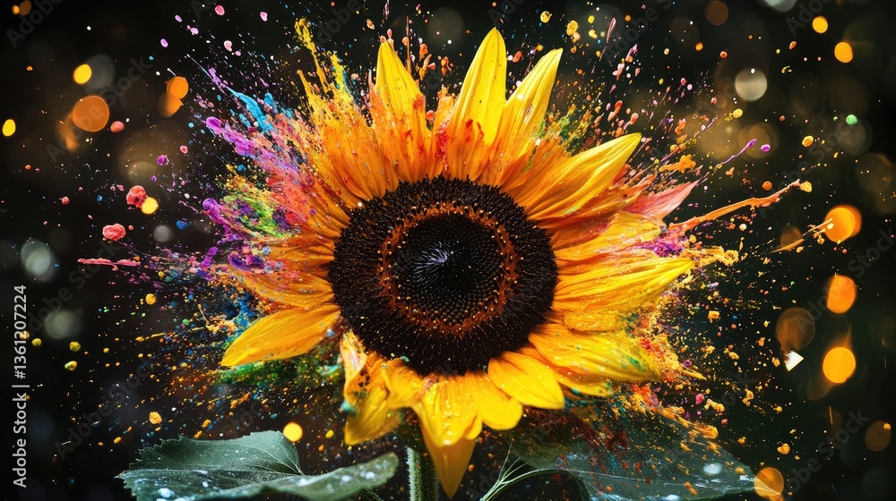 Poster a sunflower exploding with vibrant colors, splattering paint outdoors, creating an exciting fusion o