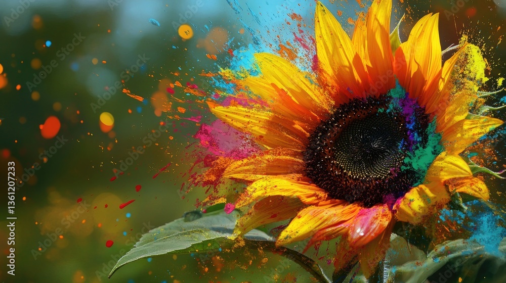 Poster a sunflower splattering with vibrant paint in an outdoor setting, the explosion of color creating an