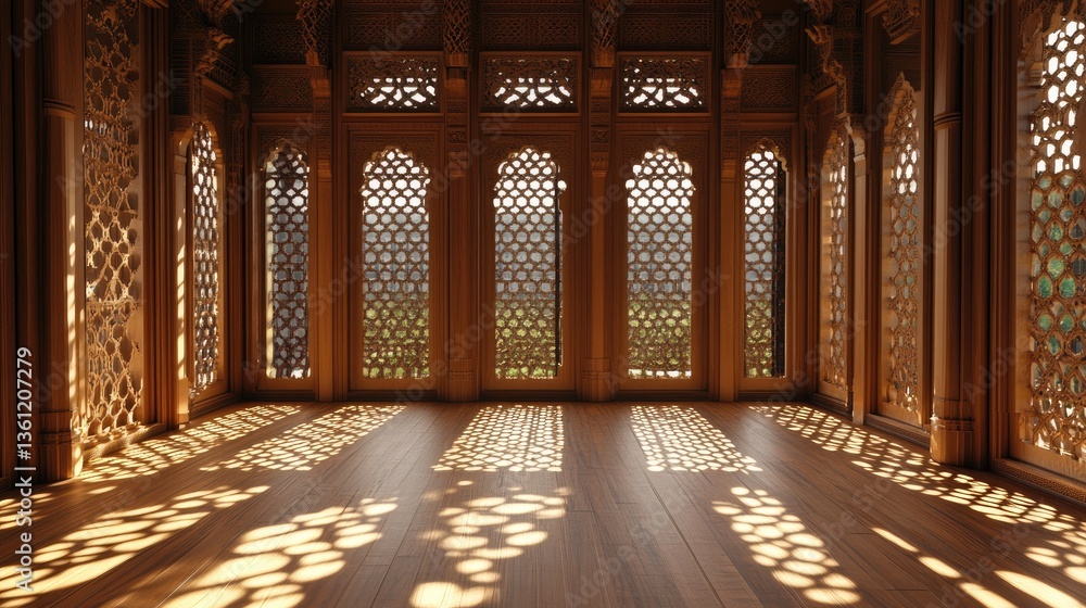 Poster a sunlit wooden interior featuring intricate latticework, creating a warm, inviting atmosphere with 