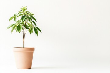 Fototapeta premium single indoor plant in simple clay pot placed against pristine white background offers tranquility and freshness while