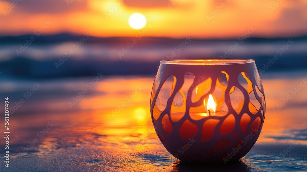 Poster an elegant candle holder with a flame design glowing against the backdrop of a breathtaking sunset a