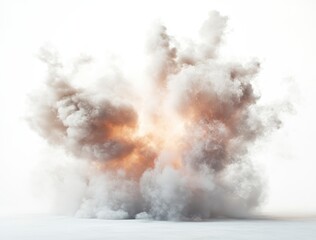 Powerful Explosion with Brown and White Smoke Cloud on White Background
