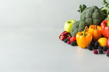 close-up of vibrant fresh fruits and vegetables artfully arranged against simple background