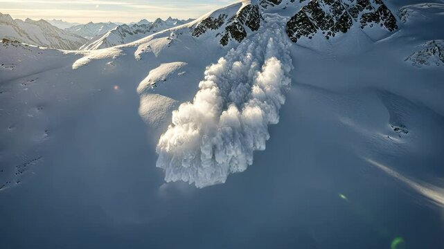 A stunning aerial view of an avalanche cascading down snowy mountains.