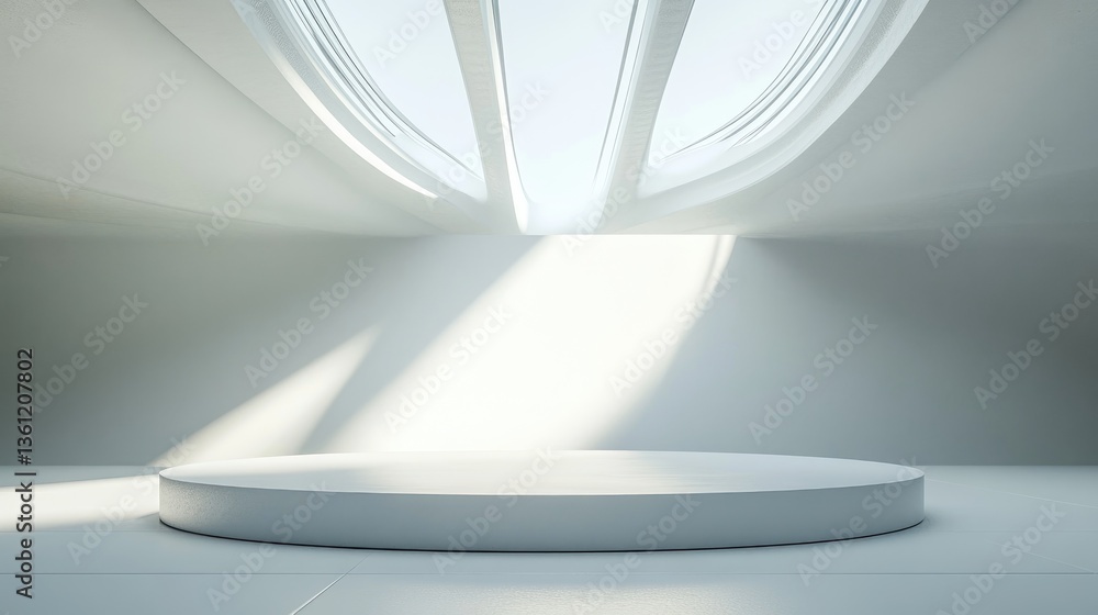 Poster An empty white podium with soft illumination from a futuristic skylight above, creating a clean, modern atmosphere ideal for product launches or exhibitions