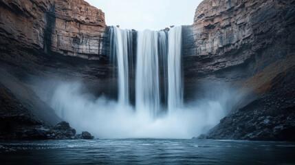 Obraz premium Environmental crisis massive waterfall plunges into misty canyon, creating dramatic scene