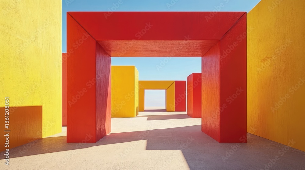 Poster bold red and yellow cube archway placed in a wide open area, symbolizing contemporary architectural 
