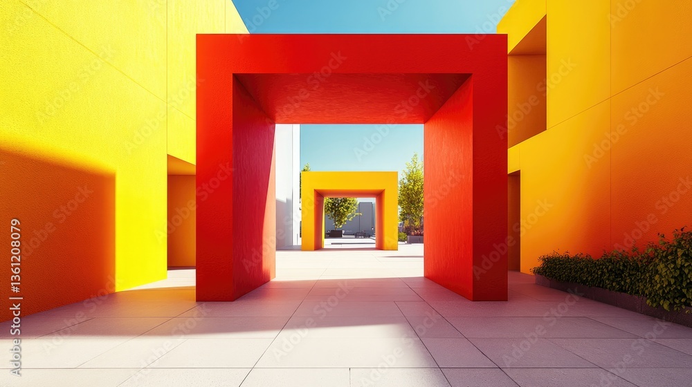Poster Bold red and yellow cube archway placed in a wide open area, symbolizing contemporary architectural style and abstract design