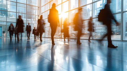 Silhouetted Business People Walking Through Modern Office Building With Motion Blur and Warm Sunlight