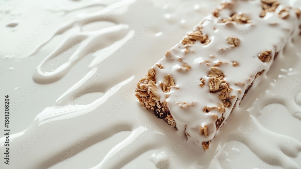 Aufkleber Close-up of assorted granola bars drizzled with milk on a pristine white surface, emphasizing the textures and flavors in a clean, minimalist style